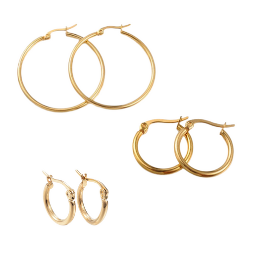 Waterproof 18K Gold Plated Hoop Earrings -  Tarnish-Free, Hypoallergenic, 3 Sizes