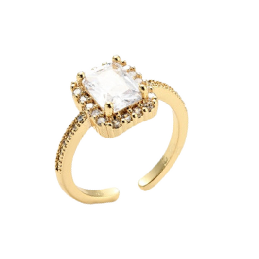 Elegant Cubic Zirconia Ring - 18K Gold plated, Rectangle Open Cuff Ring