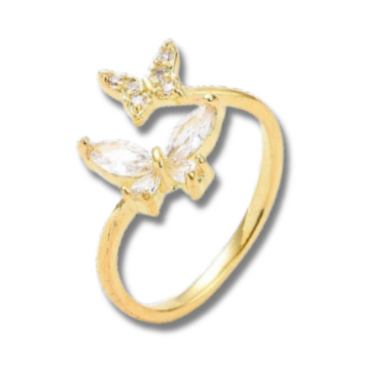 Butterfly Open Cuff Ring – Clear Cubic Zirconia, 18k Gold Plated