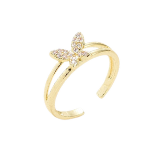 Elegant Butterfly Open Cuff Ring – 18k Gold Plated, Sparkling Cubic Zirconia