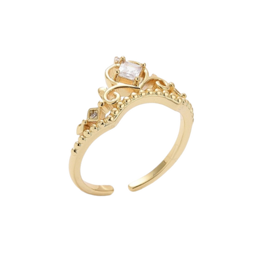 Clear Cubic Zirconia Crown Open Cuff Ring – 18k Gold Plated