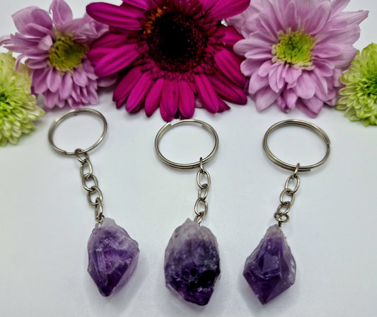 Natural Raw Amethyst Point Keychain. Amethyst Key Ring.