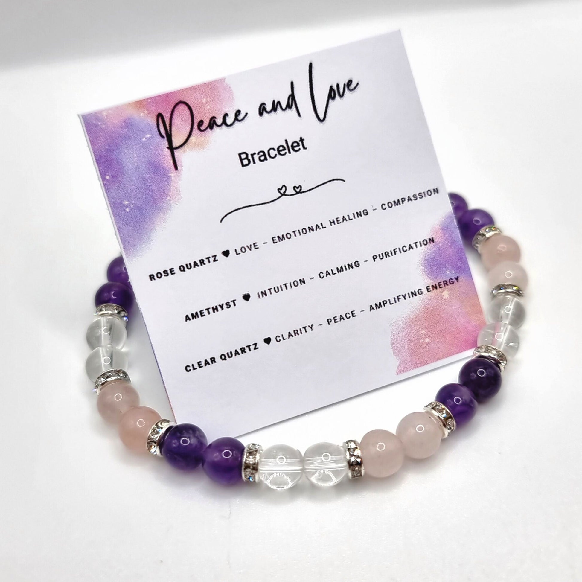 Peace and Love Bracelet. Amethyst - Rose Quartz - Clear Quartz. Healing Crystal Bracelet. Stretch Bracelet.