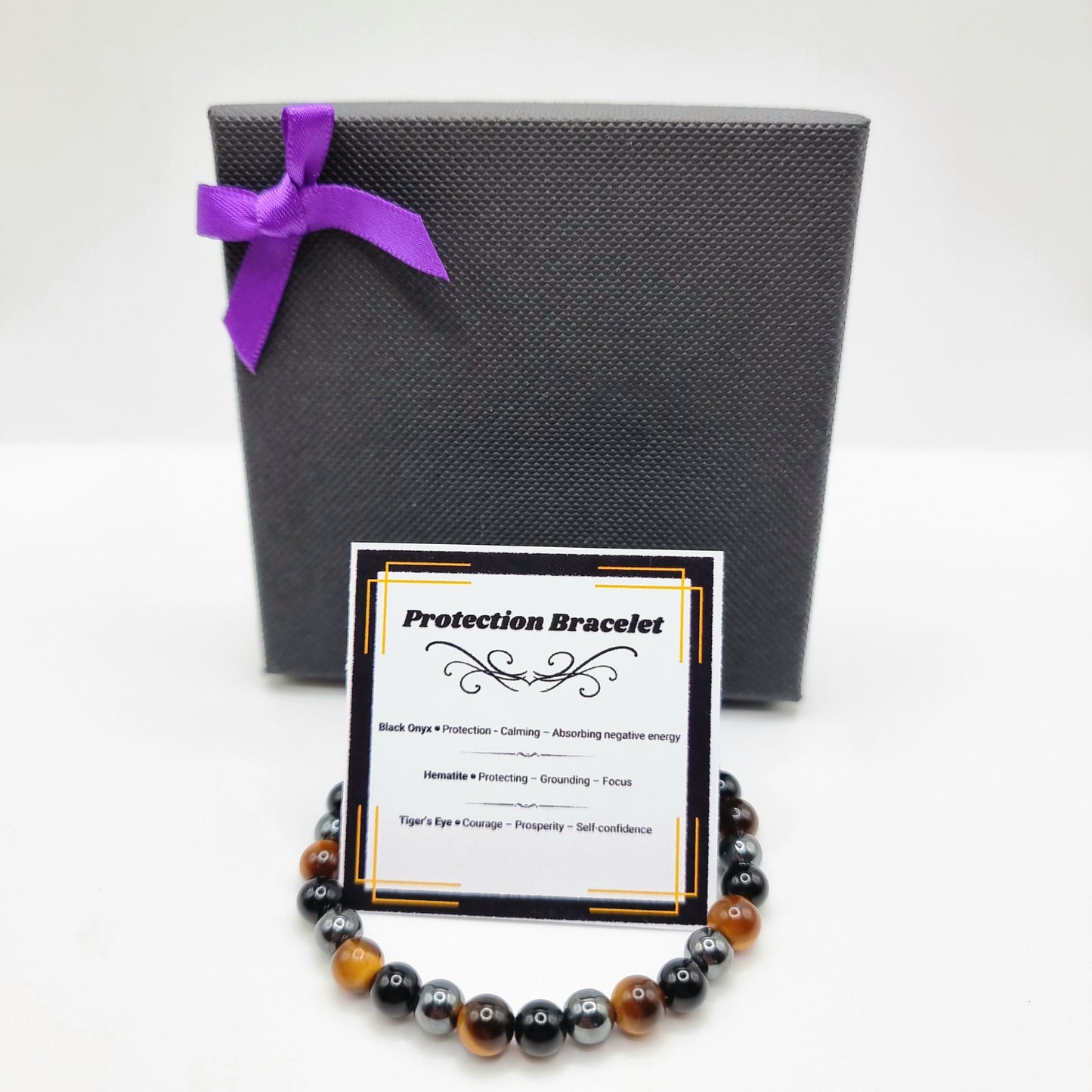 Protection Bracelet. Black Onyx - Tiger's Eye - Hematite. Healing Crystal Bracelet. Stretch Bracelet.