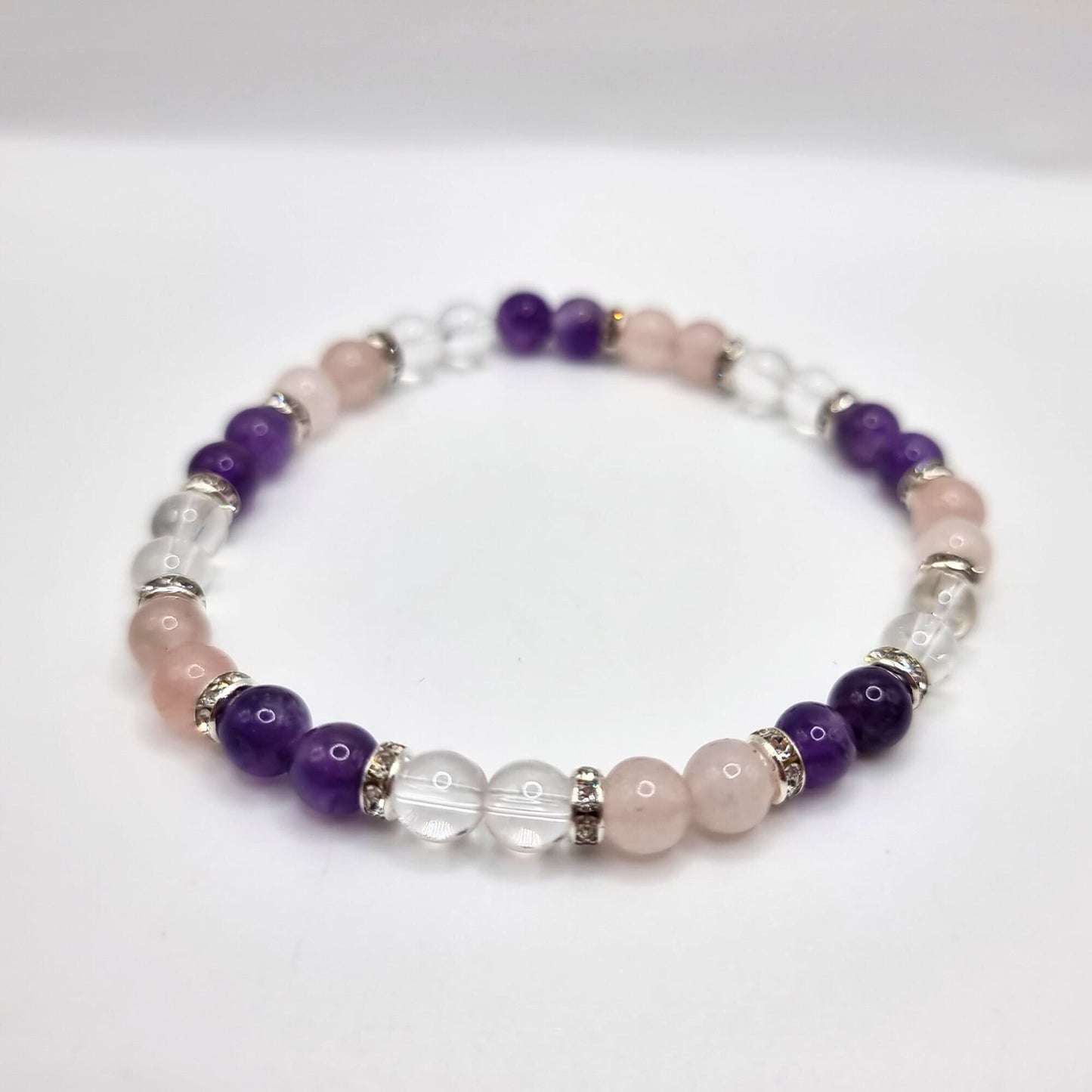 Peace and Love Bracelet. Amethyst - Rose Quartz - Clear Quartz. Healing Crystal Bracelet. Stretch Bracelet.