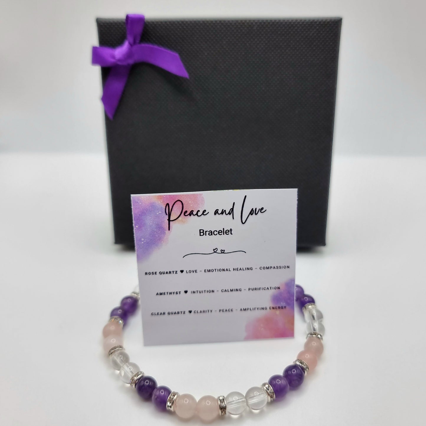 Peace and Love Bracelet. Amethyst - Rose Quartz - Clear Quartz. Healing Crystal Bracelet. Stretch Bracelet.