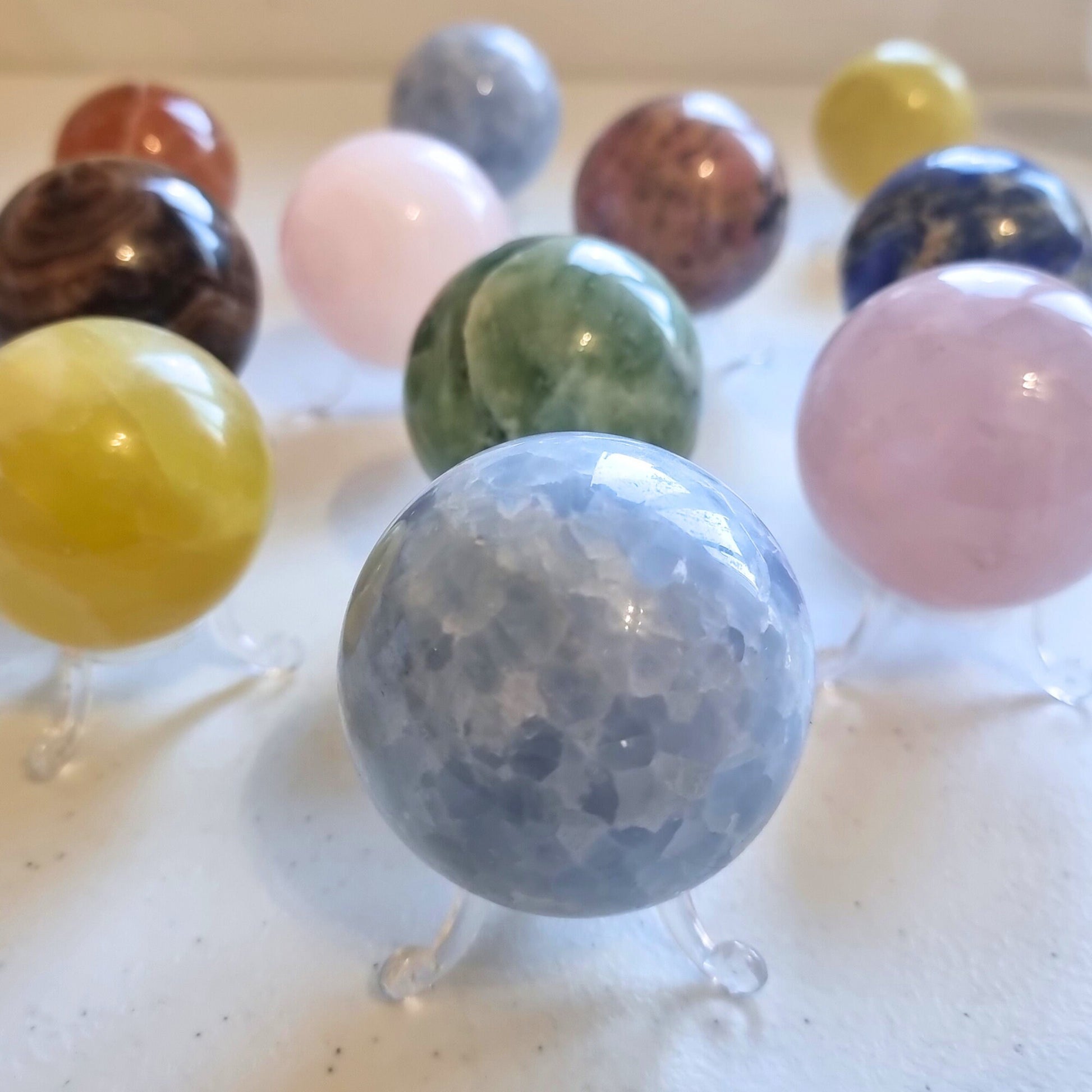 Large Natural Crystal Spheres With Stand. Calcite Sphere. Rose Quartz Sphere. Lapis Lazuli Sphere.