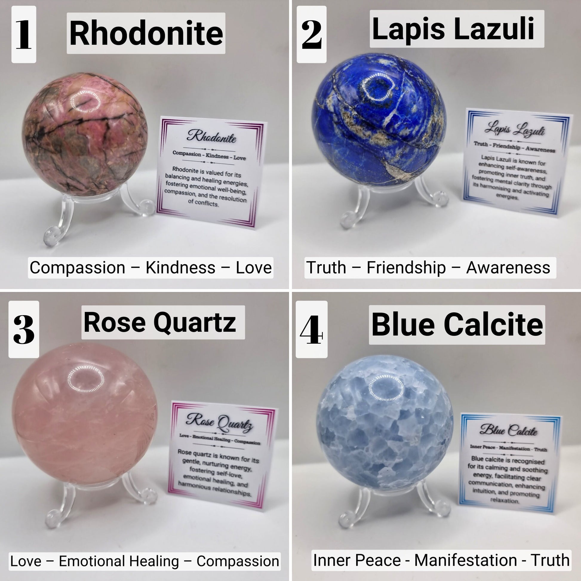 Large Natural Crystal Spheres With Stand. Calcite Sphere. Rose Quartz Sphere. Lapis Lazuli Sphere.