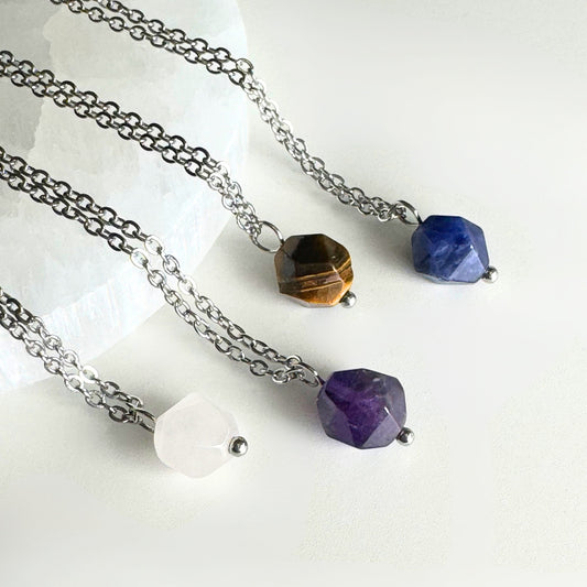 Minimalist Crystal Necklace, Faceted Natural Crystal Pendant, Stainless Steel Necklace. Hypoallergenic, Nickel Free. Healing Crystals.