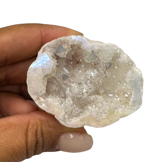 Polished Aura White Quartz Geode. White Quartz Geode. Crystal Keychain.