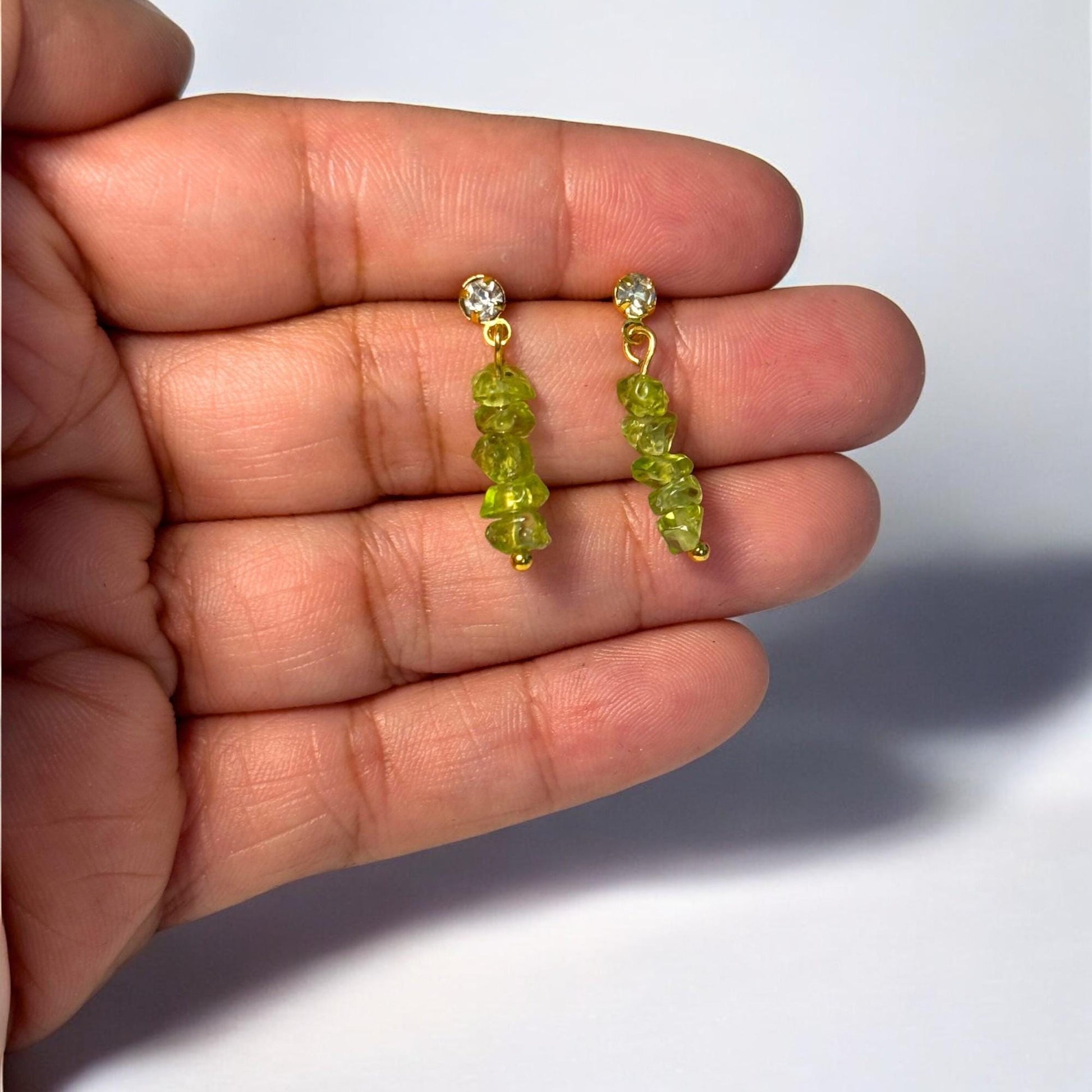 Natural Peridot Earrings, Handmade Crystal Earrings, Gold Earrings, Handmade Crystal Chip Earrings.