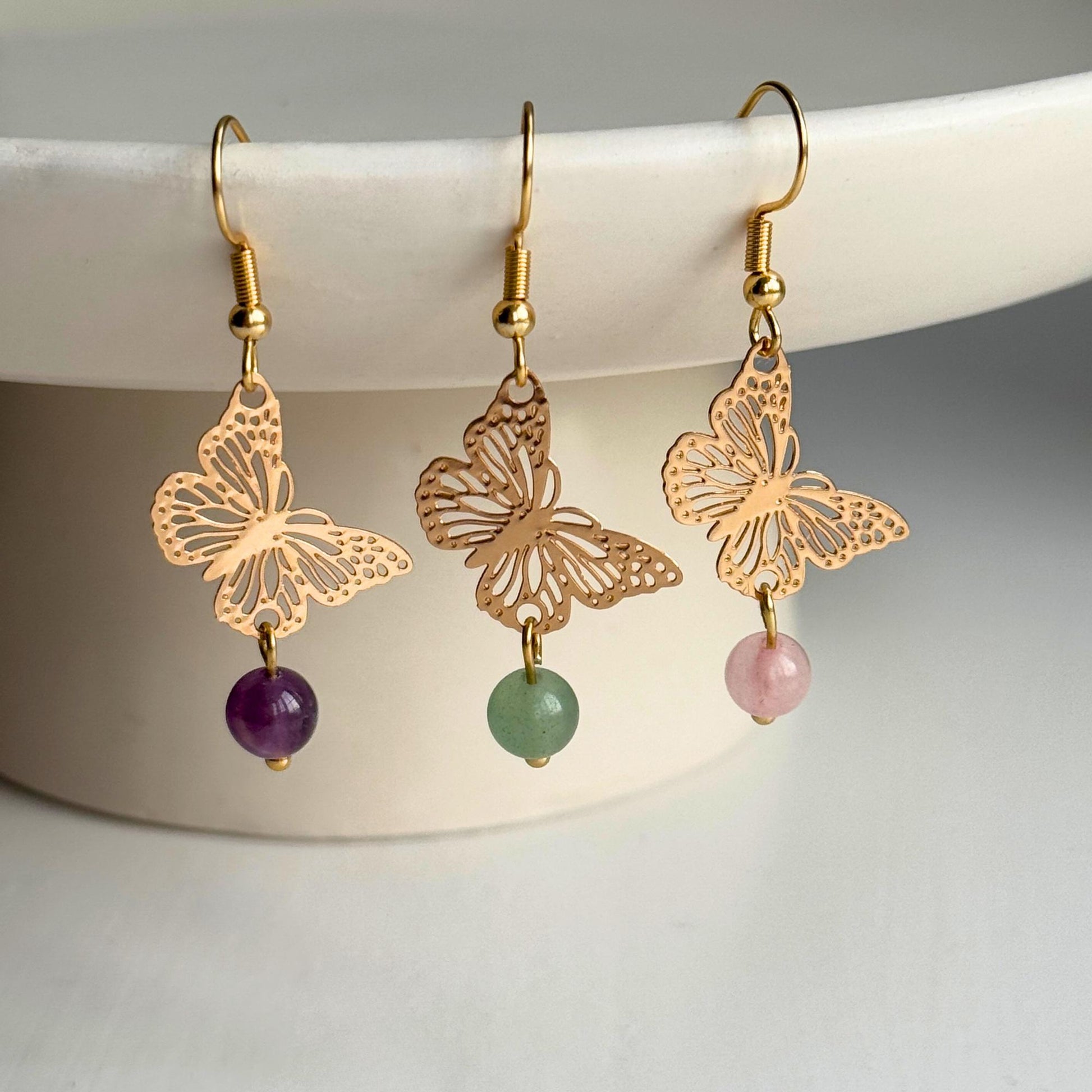 Butterfly Dangle Earrings with Crystal Bead. Crystal Earrings. Handmade Earrings. Gemstone Earrings. Gold Earrings.