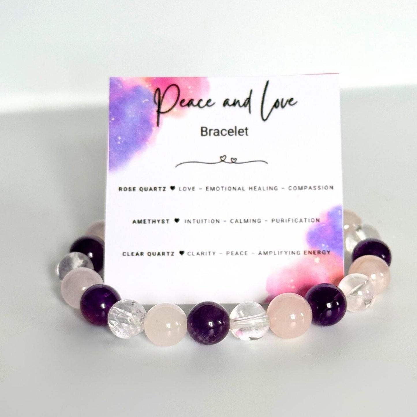 Peace and Love Bracelet. Amethyst - Rose Quartz - Clear Quartz. Healing Crystal Bracelet. Stretch Bracelet.