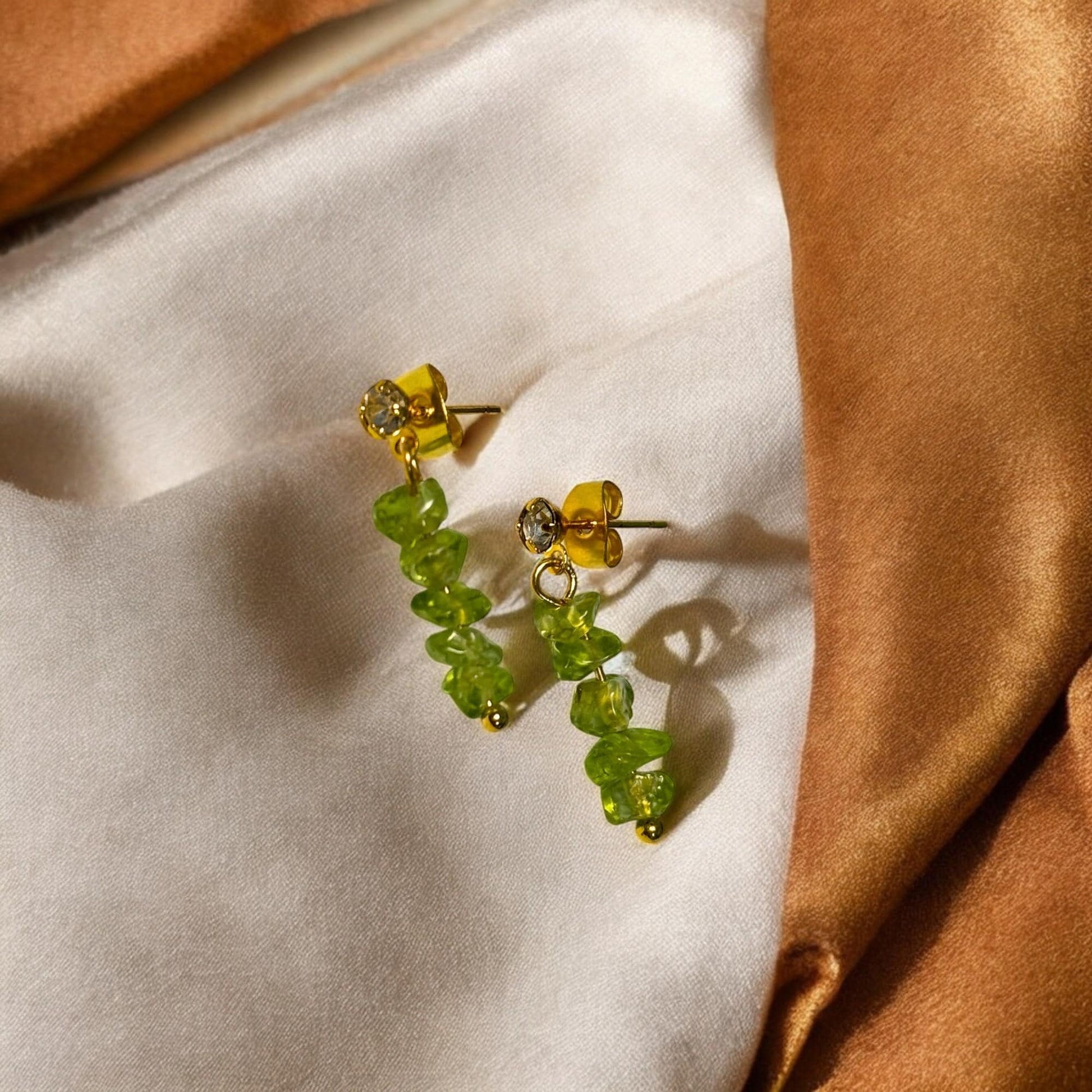 Natural Peridot Earrings, Handmade Crystal Earrings, Gold Earrings, Handmade Crystal Chip Earrings.