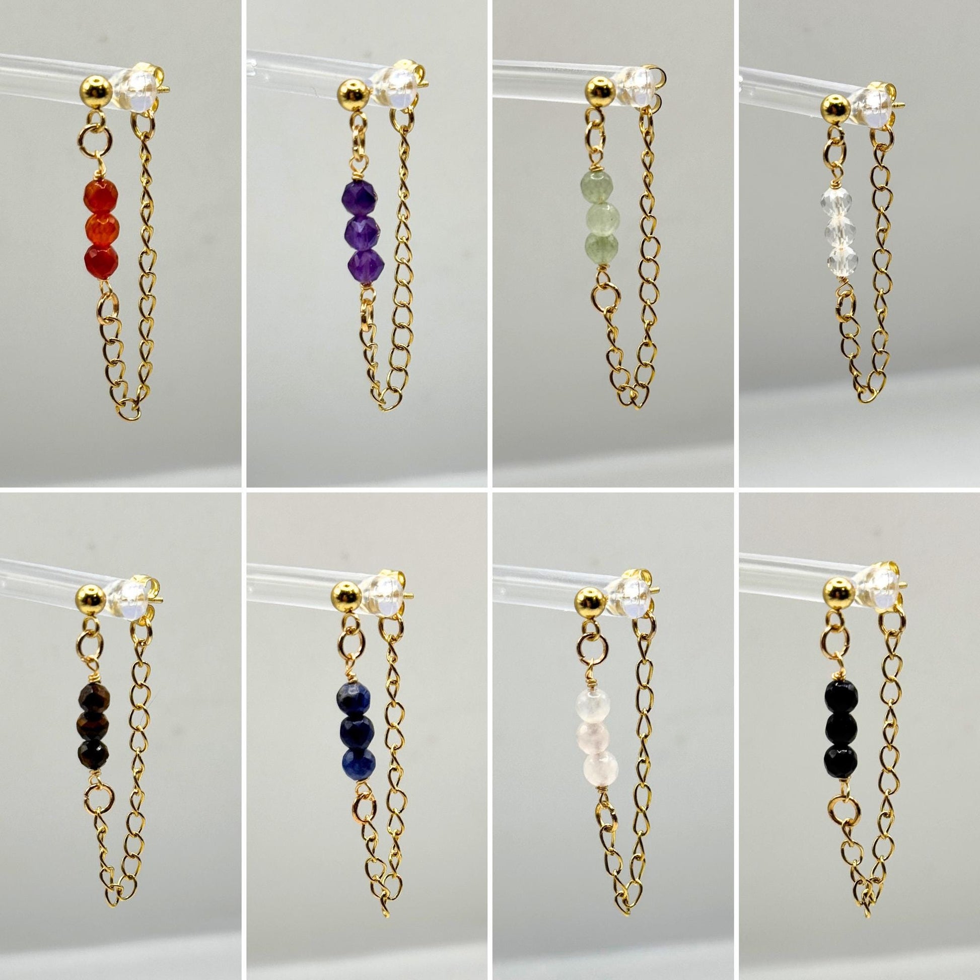 Crystal Chain Stud Earrings in Stainless Steel, Gold Earrings, Crystal Earrings. Healing Crystals. Handmade Earrings.