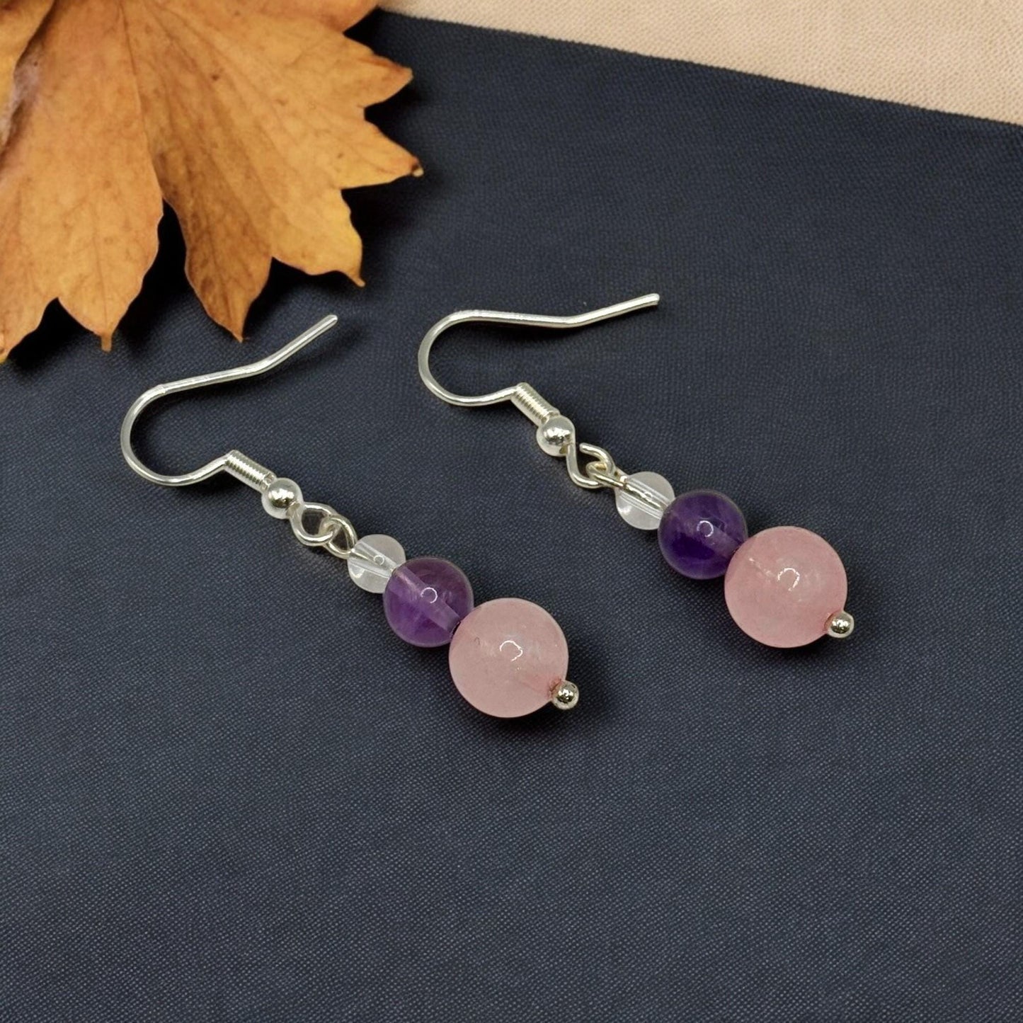 Natural Crystal Earrings. Rose Quartz, Amethyst, Clear Quartz. Gemstone Earrings. Silver Earings. Handmade Earrings.