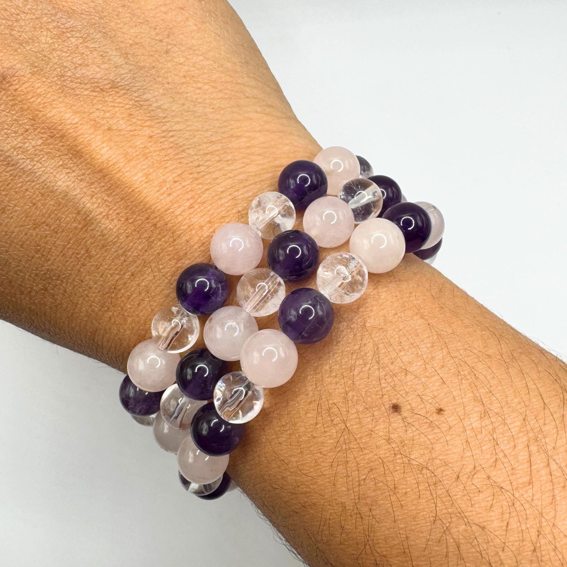 Peace and Love Bracelet. Amethyst - Rose Quartz - Clear Quartz. Healing Crystal Bracelet. Stretch Bracelet.