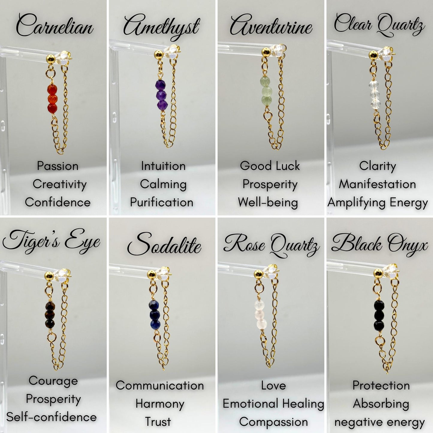 Crystal Chain Stud Earrings in Stainless Steel, Gold Earrings, Crystal Earrings. Healing Crystals. Handmade Earrings.