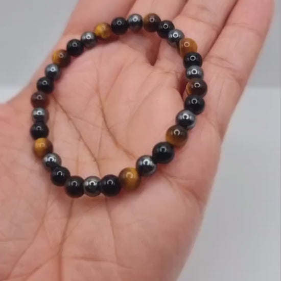 Protection Bracelet. Black Onyx - Tiger's Eye - Hematite. Healing Crystal Bracelet. Stretch Bracelet.