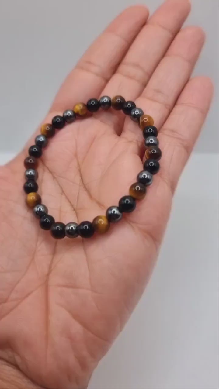 Protection Bracelet. Black Onyx - Tiger's Eye - Hematite. Healing Crystal Bracelet. Stretch Bracelet.